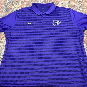 Nike Men's Dri Fit Polo Shirt in Purple and Black Stripes With WCU Cat Head Logo